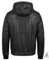 Full Black Leather Hoodie with Ribbed Cuffs back view