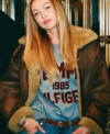 Gigi Hadid Dark Brown Shearling Leather Aviator Jacket Closeup