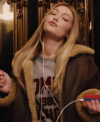 Gigi Hadid Dark Brown Shearling Leather Aviator Jacket Front