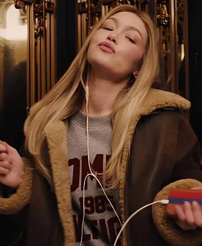 Gigi Hadid Dark Brown Shearling Leather Aviator Jacket Front