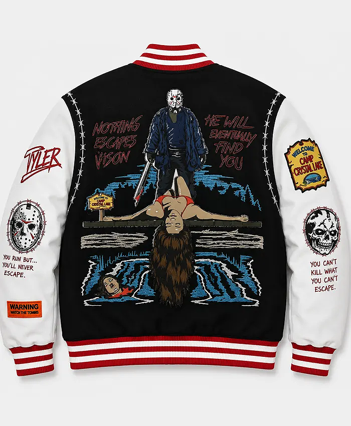 Halloween Camp Crystal Lake x Jason Voorhees Black and White Varsity Jacket Back