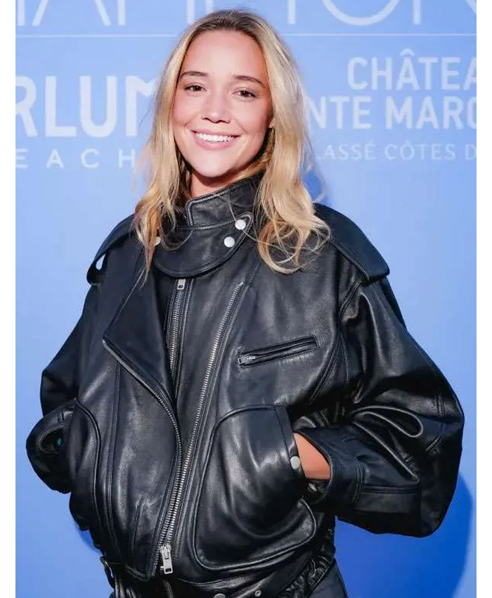 Hamptons Summer Sundown 2026 Olivia Ponton Black Oversized Leather Jacket Front