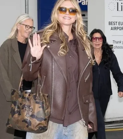Heidi Klu Milan Fashion Week Brown Leather Jacket
