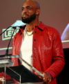 Kansas Chiefs Hall of Fame 2026 Derrick Johnson Red Leather Jacket Closeup