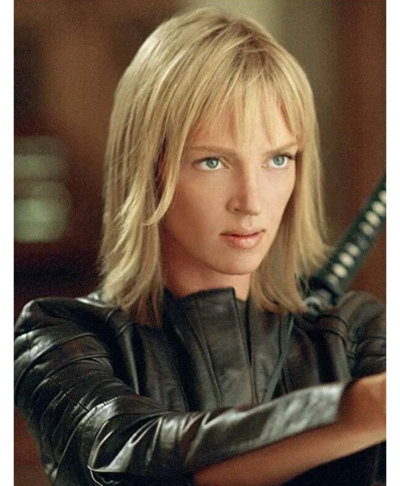 Kill Bill Vol. 2 Movie Uma Thurman Black Leather Jacket Closeup
