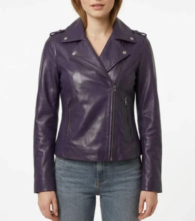Kirsten Purple Asymmetrical Biker Leather Jacket