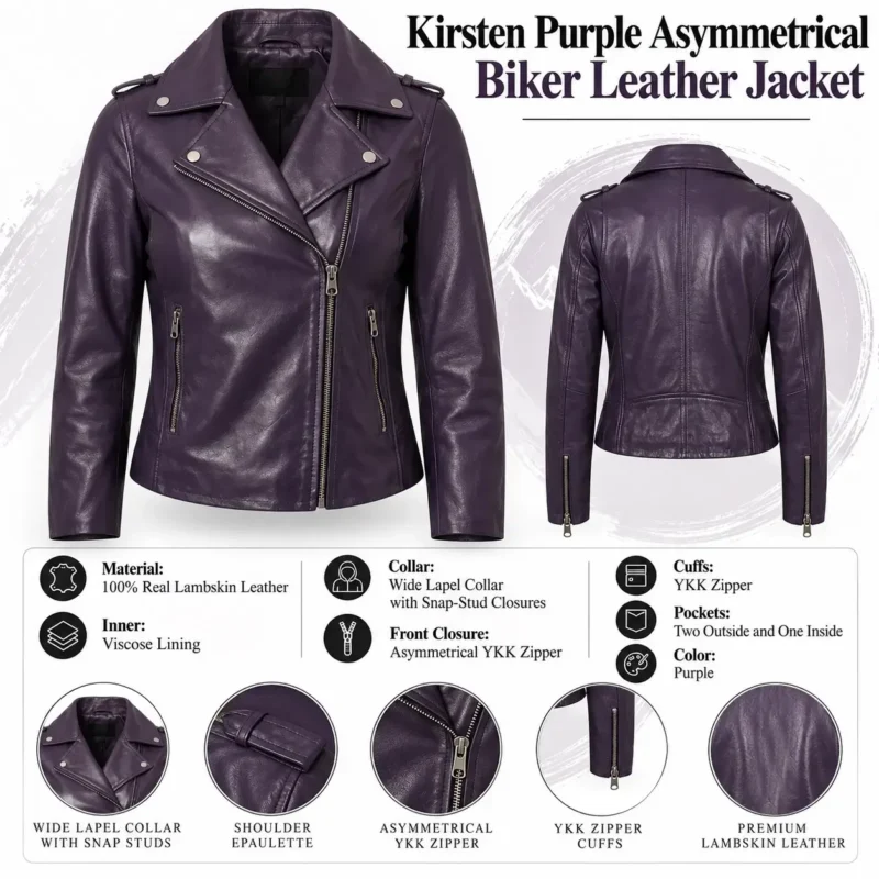 Kirsten Purple Asymmetrical Biker Leather Jacket info graph