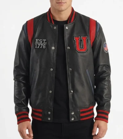 Leather Jacket in USA Black Varsity Style with Map Patch
