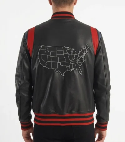 Leather Jacket in USA Black Varsity Style with Map Patch back