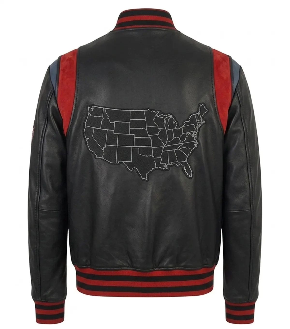 Leather Jacket in USA Black Varsity Style with Map Patch back view