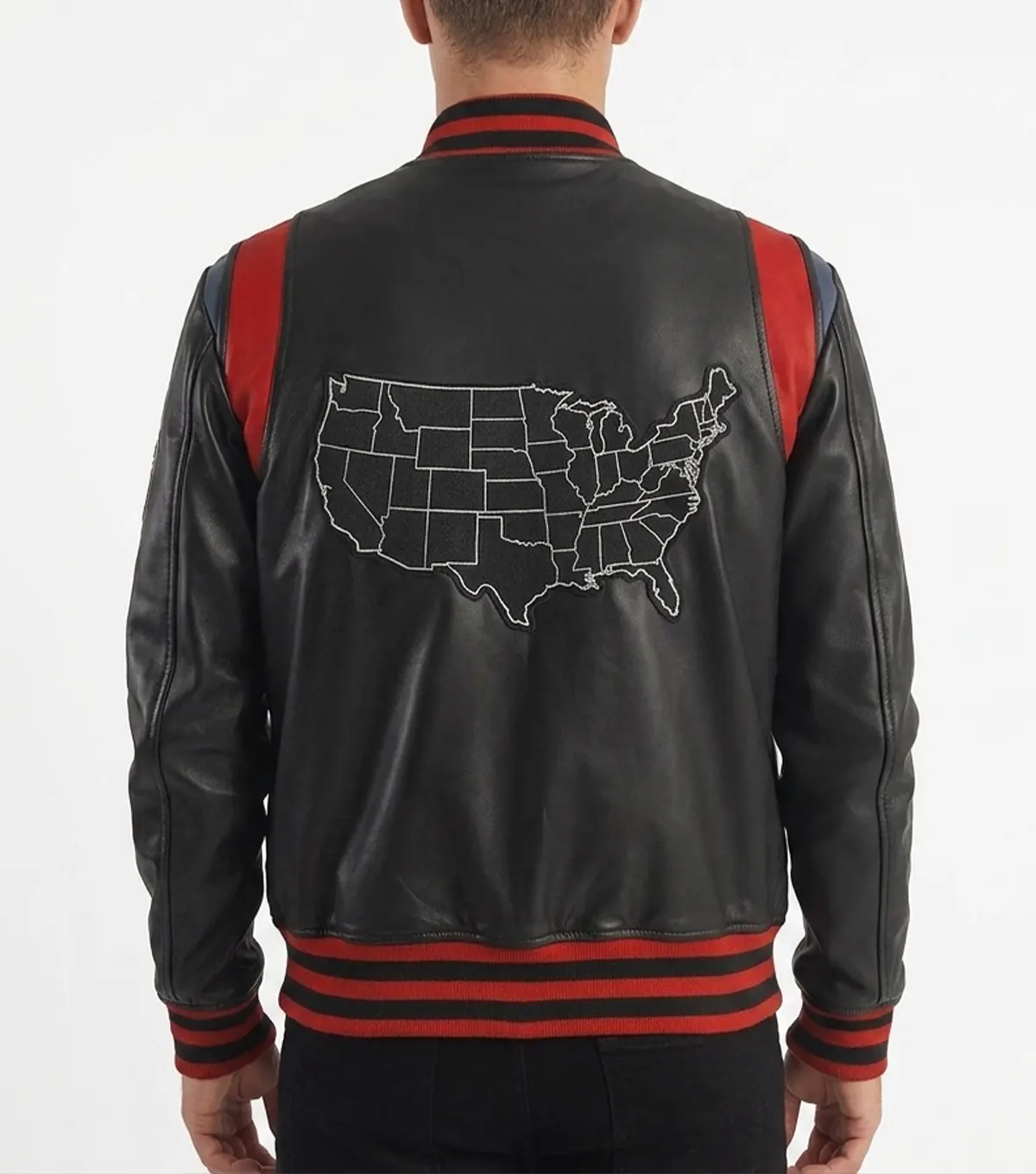Leather Jacket in USA Black Varsity Style with Map Patch back