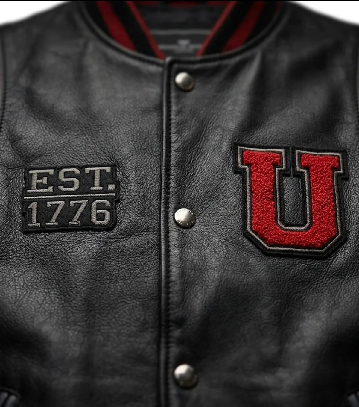 Leather Jacket in USA Black Varsity Style with Map Patch chest