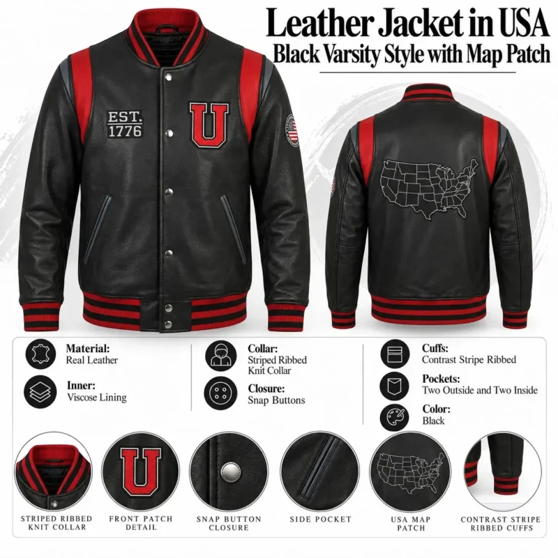 Leather Jacket in USA Black Varsity Style with Map Patch info graph
