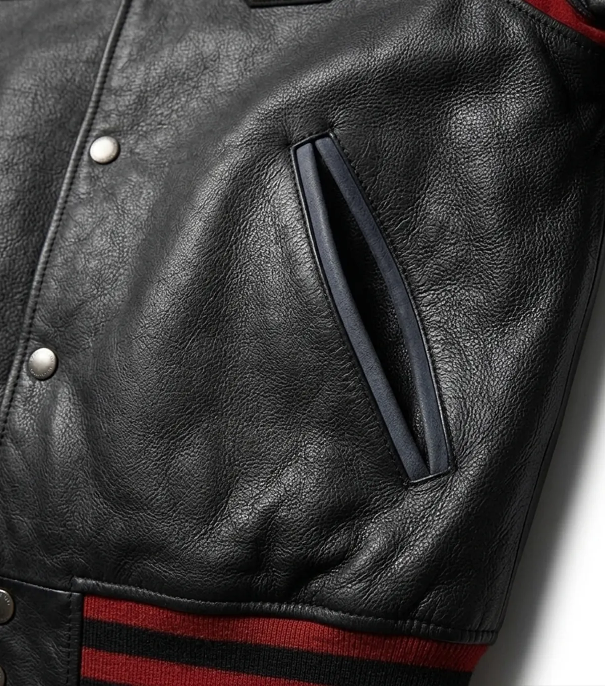 Leather Jacket in USA Black Varsity Style with Map Patch side pocket