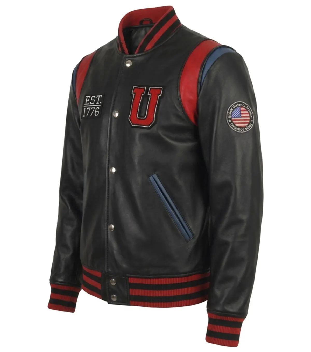 Leather Jacket in USA Black Varsity Style with Map Patch side view