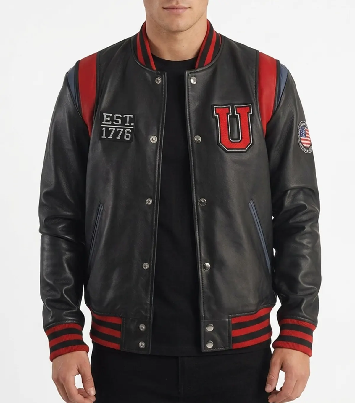 Leather Jacket in USA Black Varsity Style with Map Patch