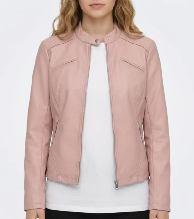 Light Pink Cafe Racer Leather Jacket Womens