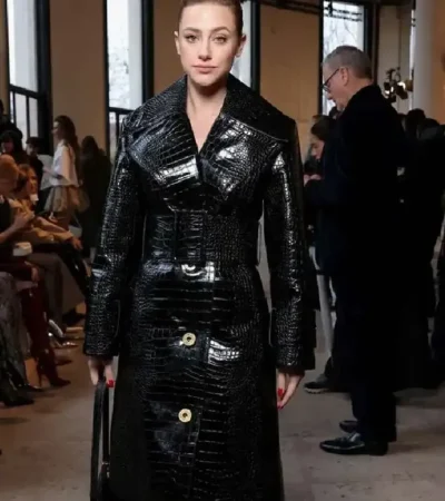 Lili Reinhart Paris Fashion Week 2026 Black Crocodile Leather Trench Coat