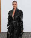 London Fashion Week 2026 Rosie Huntington-Whiteley Black Leather Trench Coat Closeup