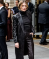 Meghann Fahy New York Fashion Week 2026 Black Leather Trench Coat Right