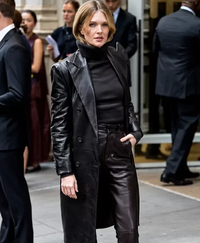Meghann Fahy New York Fashion Week 2026 Black Leather Trench Coat Right