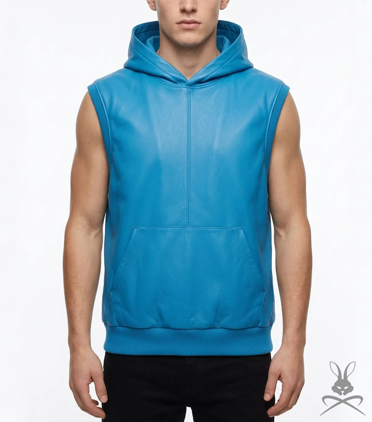 Mens Baby Blue Real Leather Rocky Hoodie