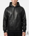 Mens Black Kangaroo Pocket Leather Hoodie