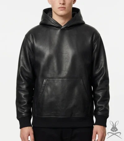 Mens Black Kangaroo Pocket Leather Hoodie