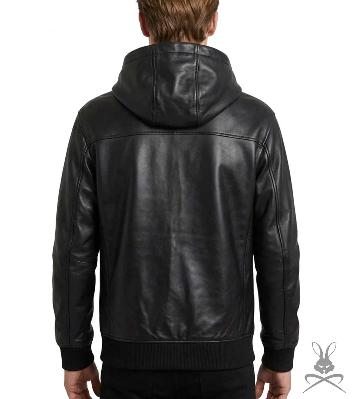 Mens Black Kangaroo Pocket Leather Hoodie back