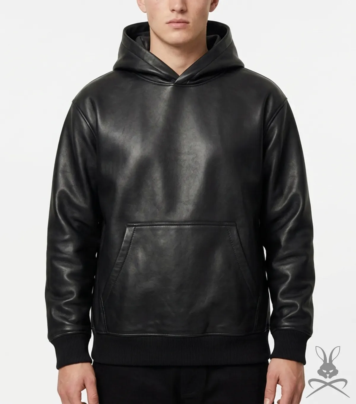 Mens Black Kangaroo Pocket Leather Hoodie