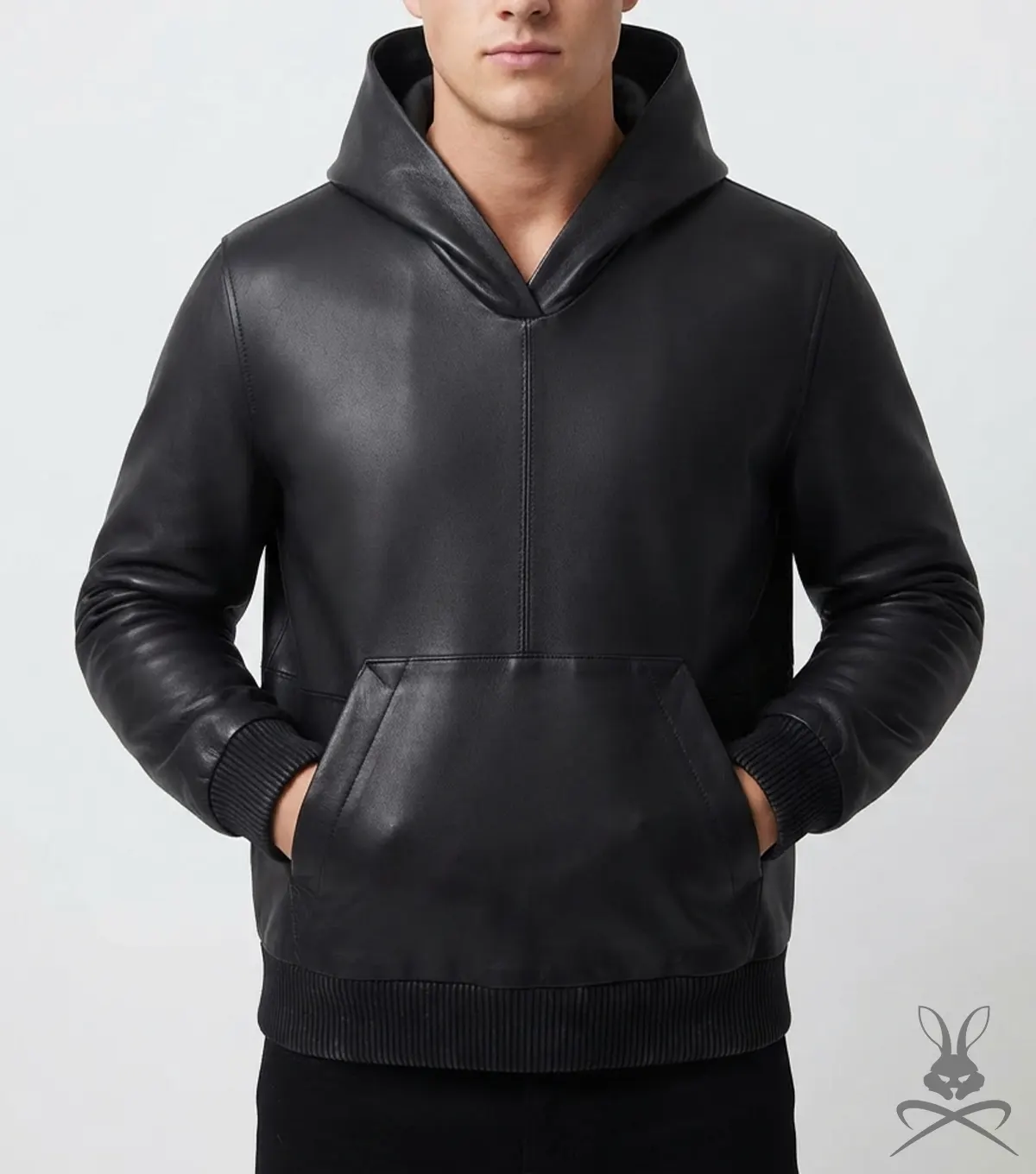 Men's Black Leather Pull-Over Hoodie
