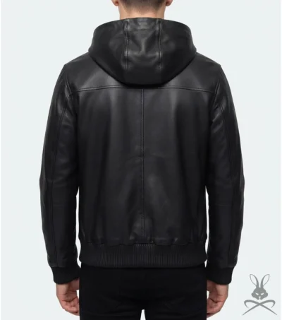 Men's Black Leather Pull-Over Hoodie back