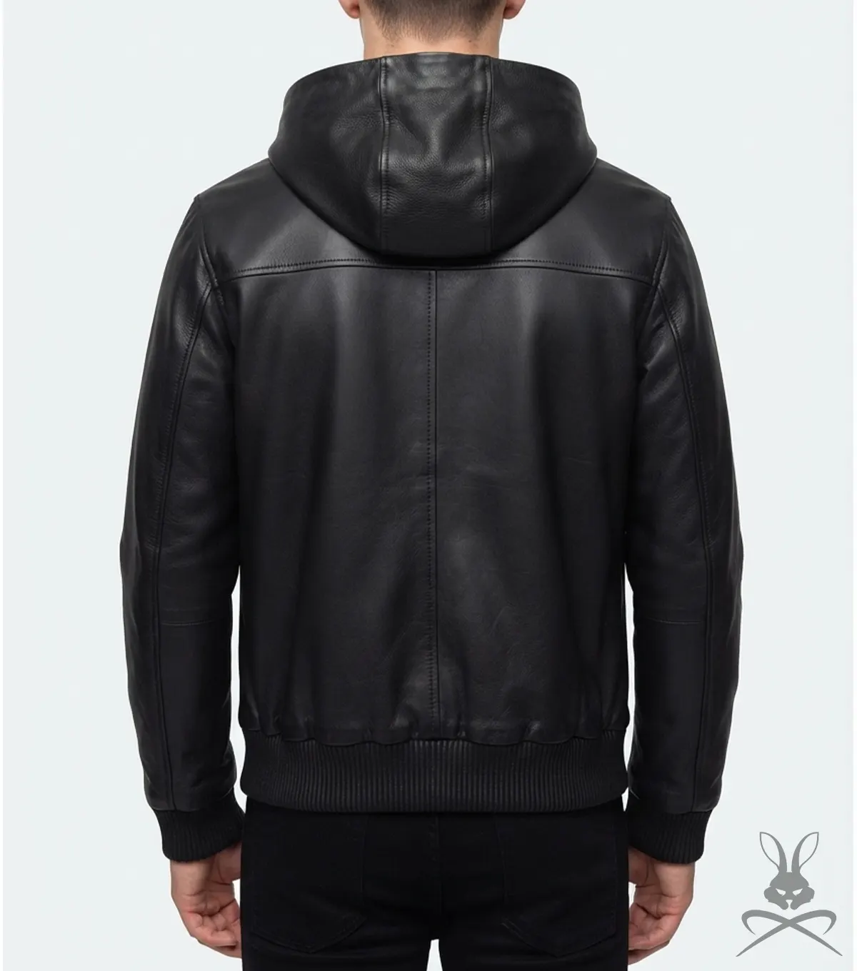 Men's Black Leather Pull-Over Hoodie back