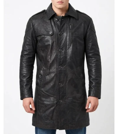 Mens Black Leather Trench Coat