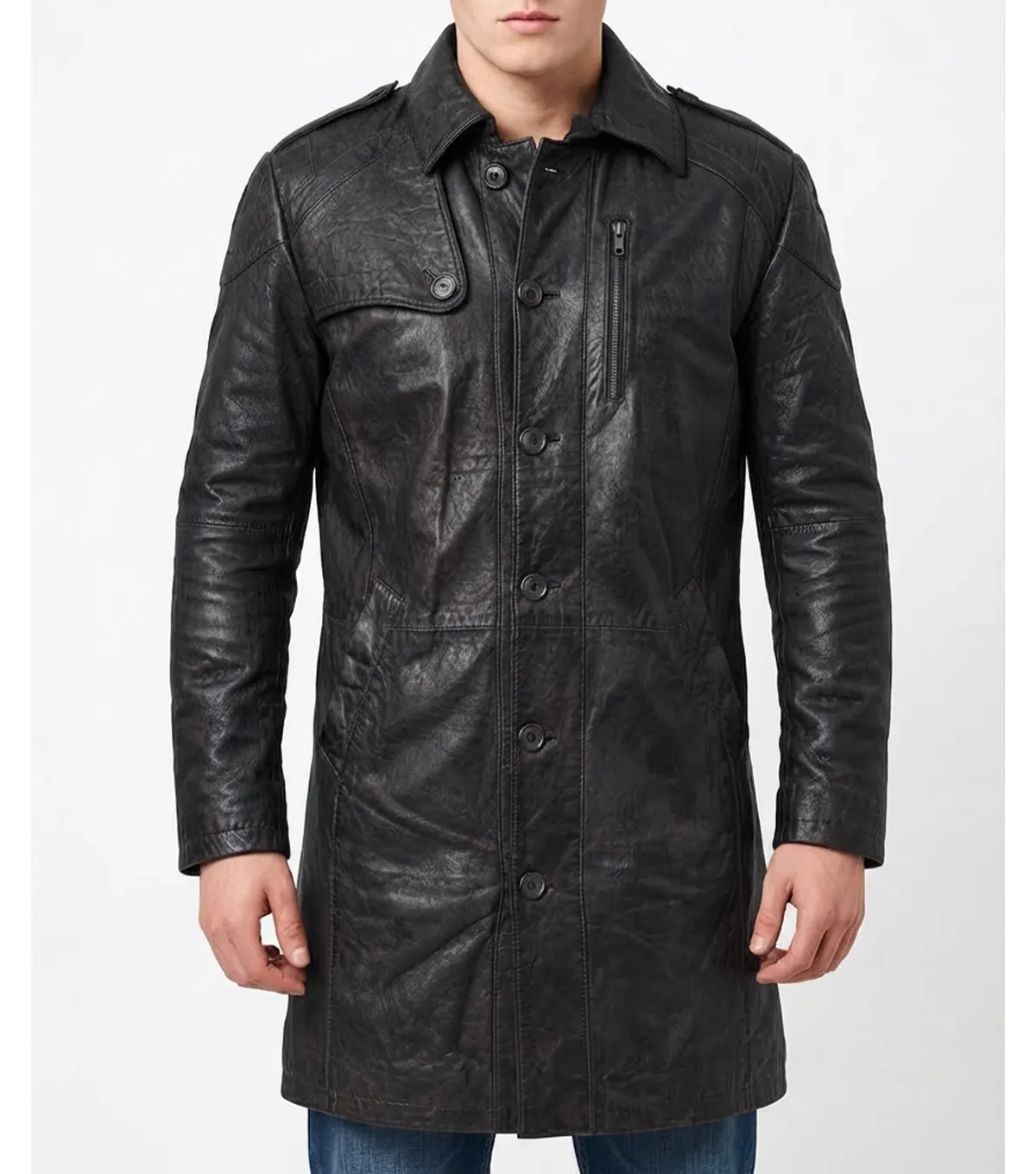 Mens Black Leather Trench Coat