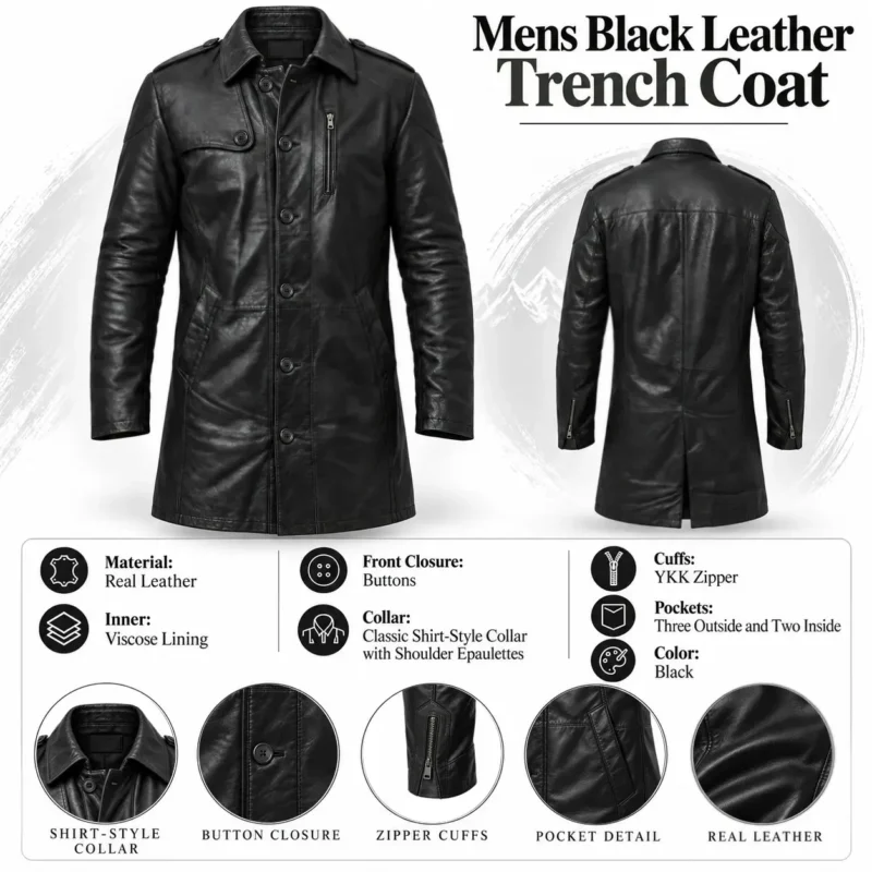 Mens Black Leather Trench Coat INFO GRAPH