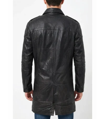 Mens Black Leather Trench Coat back
