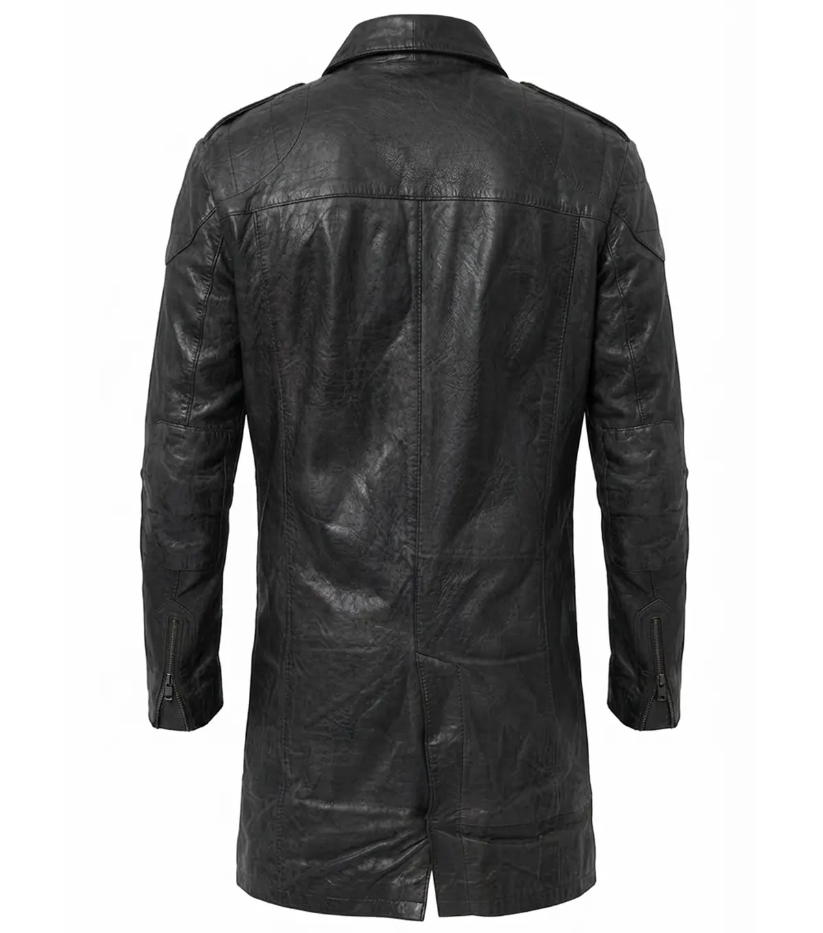 Mens Black Leather Trench Coat back view