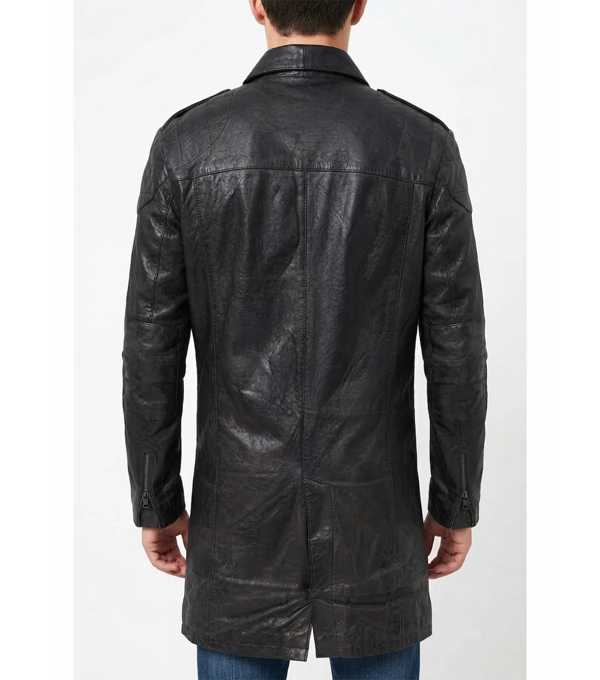 Mens Black Leather Trench Coat back