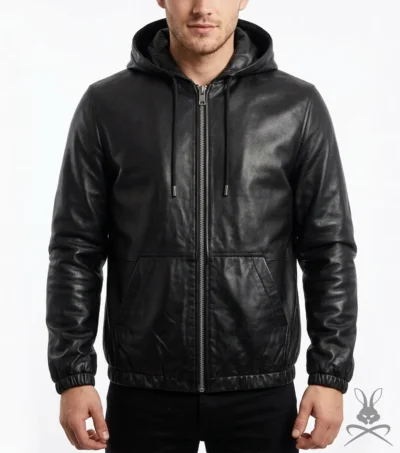 Mens Black Real Leather Hoodie