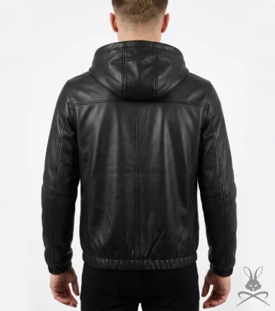 Mens Black Real Leather Hoodie back