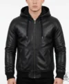 Mens Black Zip Pocket Leather Hoodie