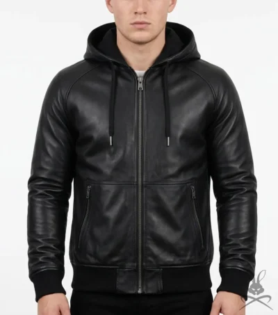 Mens Black Zip Pocket Leather Hoodie