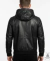 Mens Black Zip Pocket Leather Hoodie back