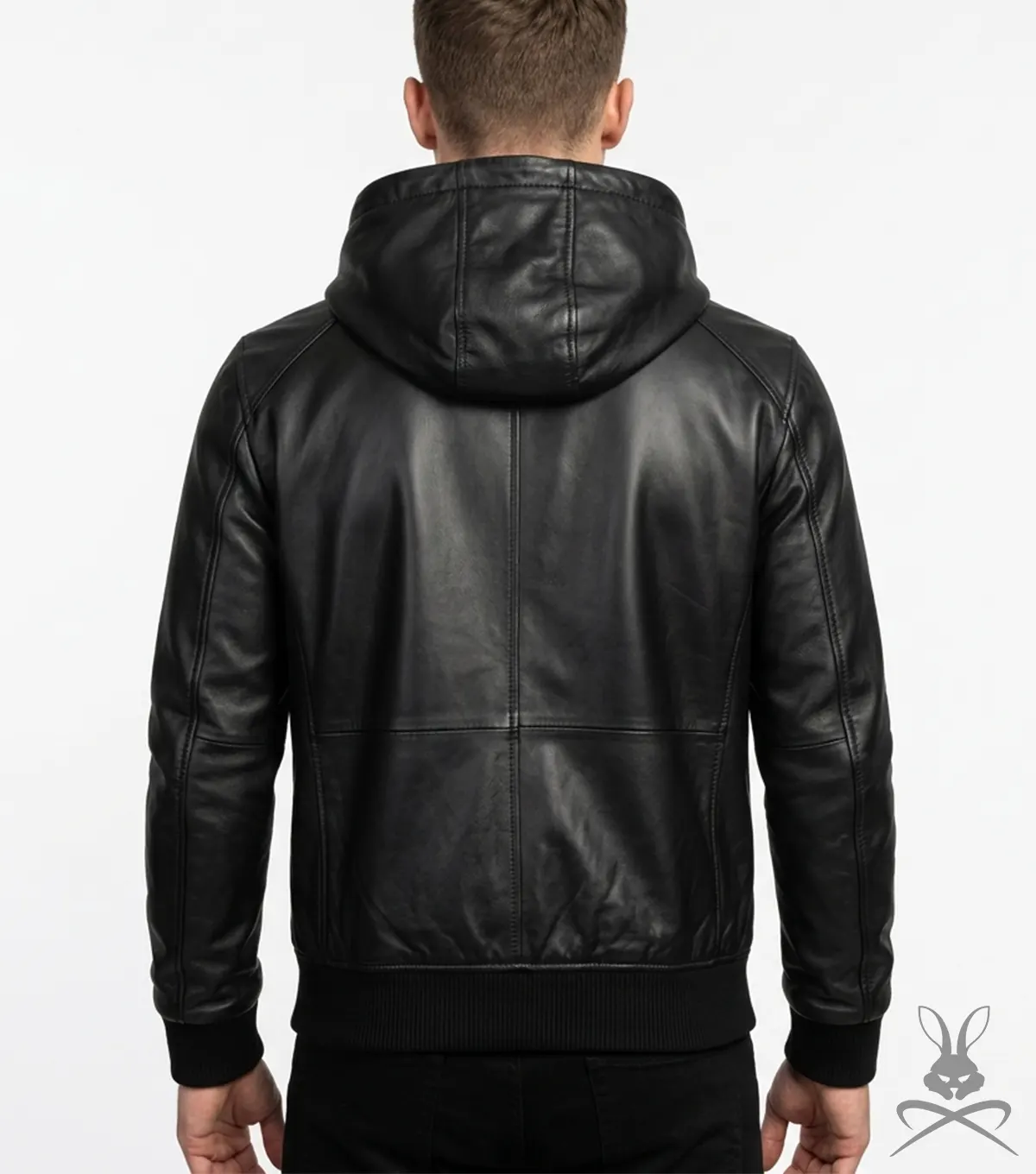Mens Black Zip Pocket Leather Hoodie back