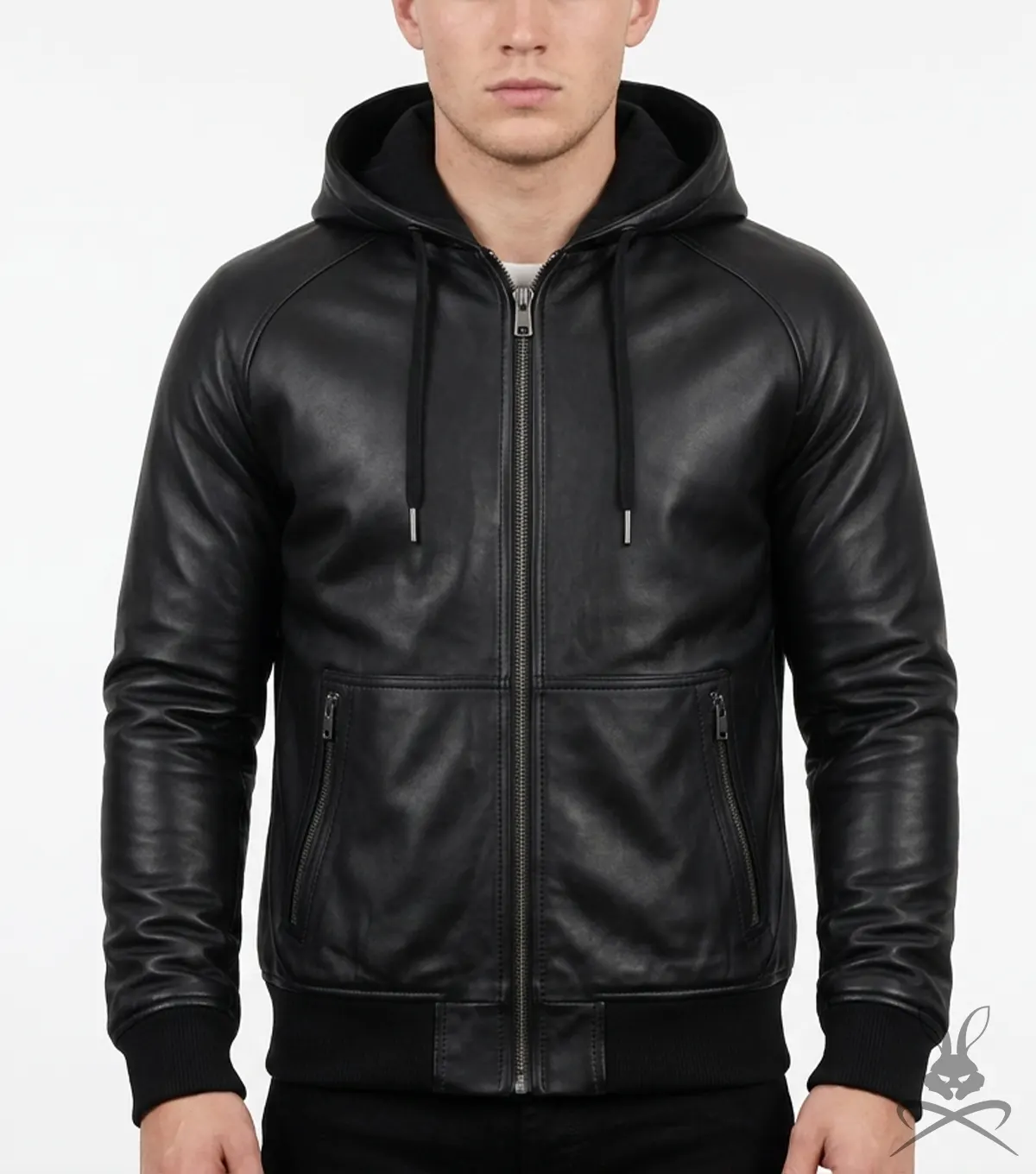 Mens Black Zip Pocket Leather Hoodie