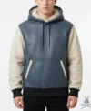 Mens Blue and White Color Block Leather Hoodie