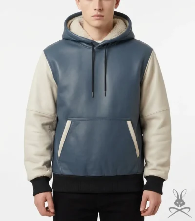 Mens Blue and White Color Block Leather Hoodie