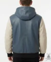Mens Blue and White Color Block Leather Hoodie back