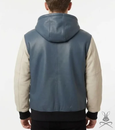 Mens Blue and White Color Block Leather Hoodie back